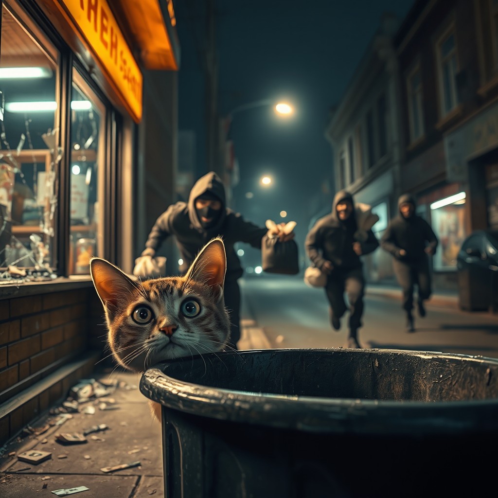 A curious and adventurous cat peeking out from behind a trash can, observing a dramatic scene of two masked robbers dashing out of a small store with bags full of money and snacks