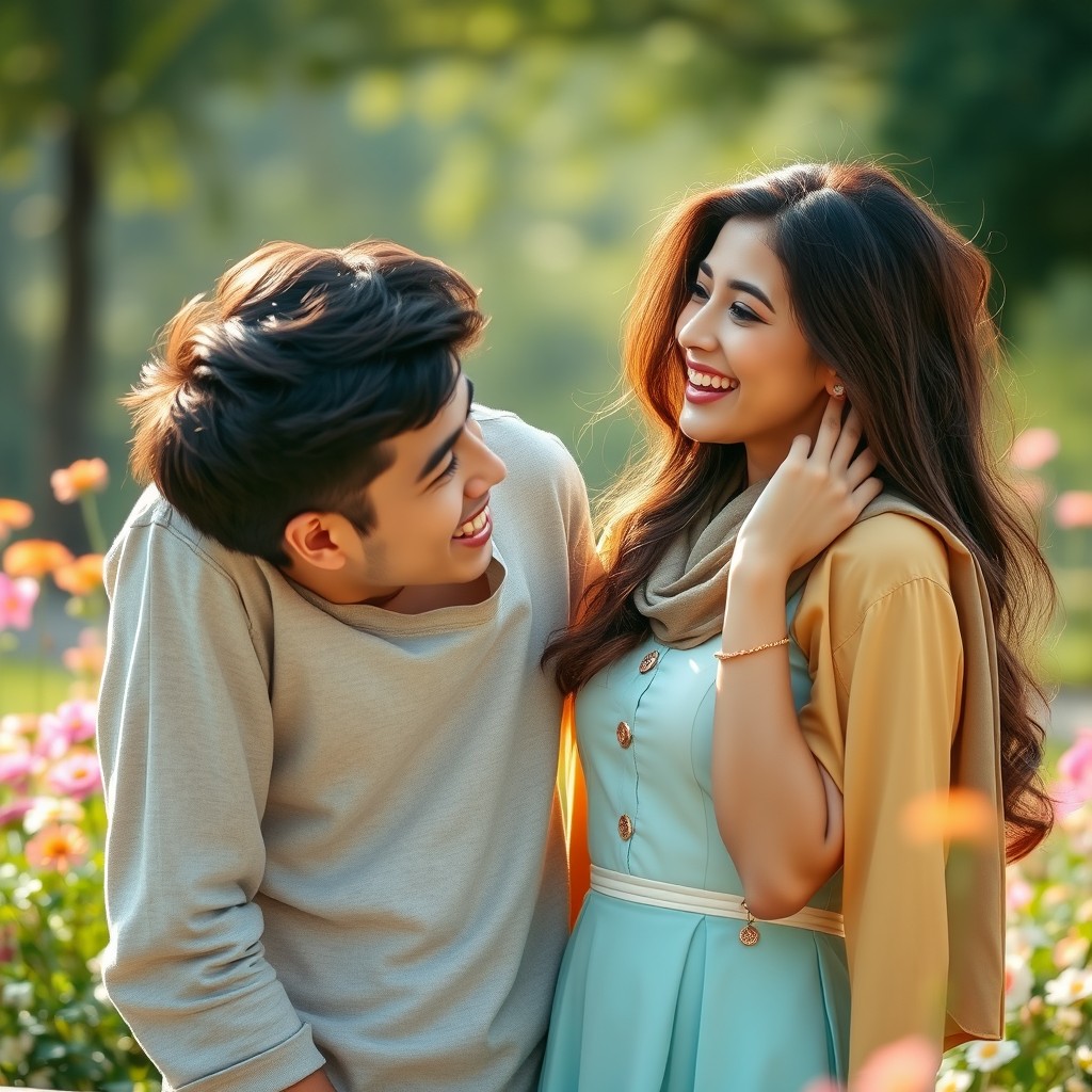 A romantic and humorous scene featuring a handsome young man and a beautiful woman