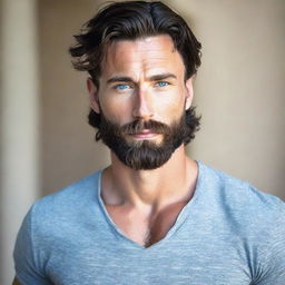 A strikingly attractive, tall and muscular man with dark blue eyes, pale skin, and wavy black hair. He sports a short, stylish beard that accentuates his hot look.