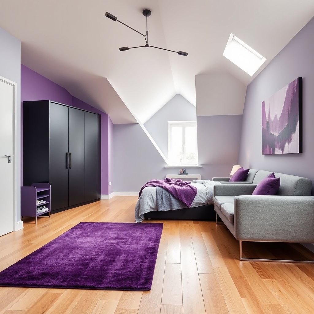 A stylish modern bedroom featuring a sophisticated purple color theme