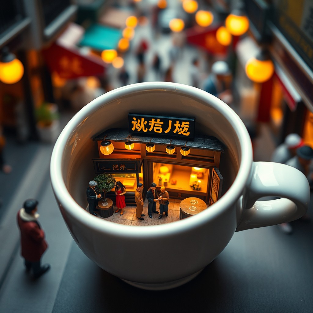A miniature cafe inside a coffee cup, situated in the center of a bustling street