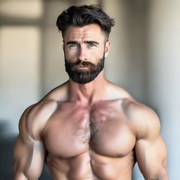 A strikingly attractive, tall and muscular man with dark blue eyes, pale skin, and wavy black hair. He sports a short, stylish beard that accentuates his hot look.