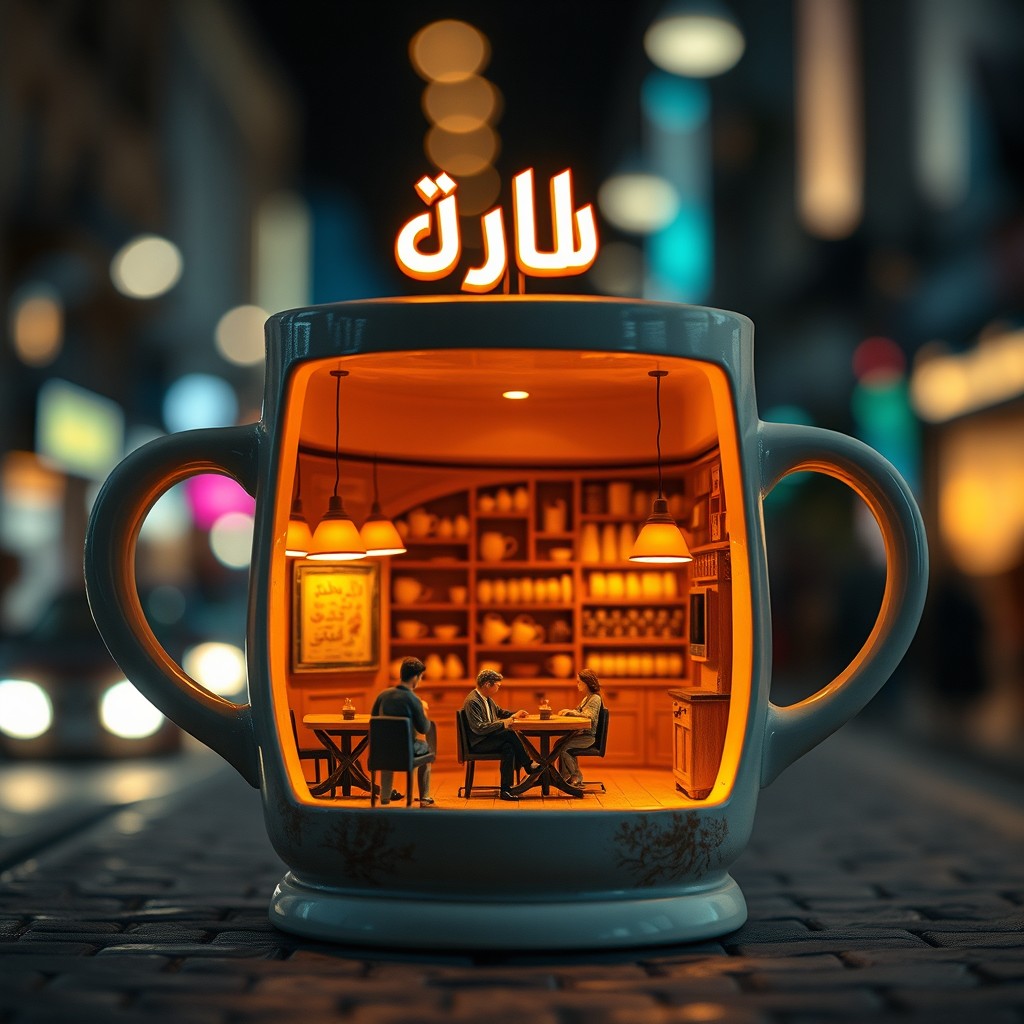A highly detailed miniature model of a cozy café built inside a large ceramic coffee mug, located in the middle of a lively, blurry city street at night