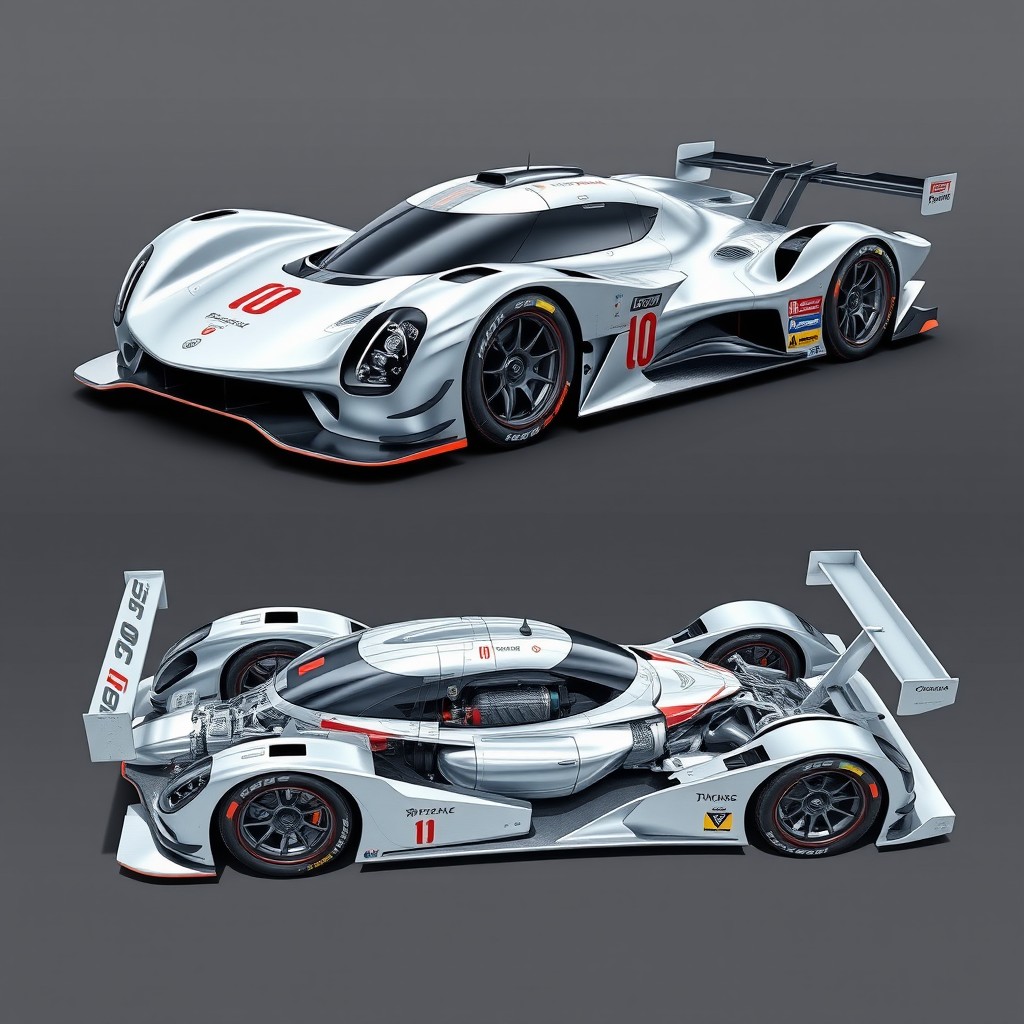 An advanced prototype Le Mans-style race car featuring a highly aerodynamic exterior design reminiscent of cutting-edge Le Mans prototypes, with an emphasis on flowing lines and minimal drag