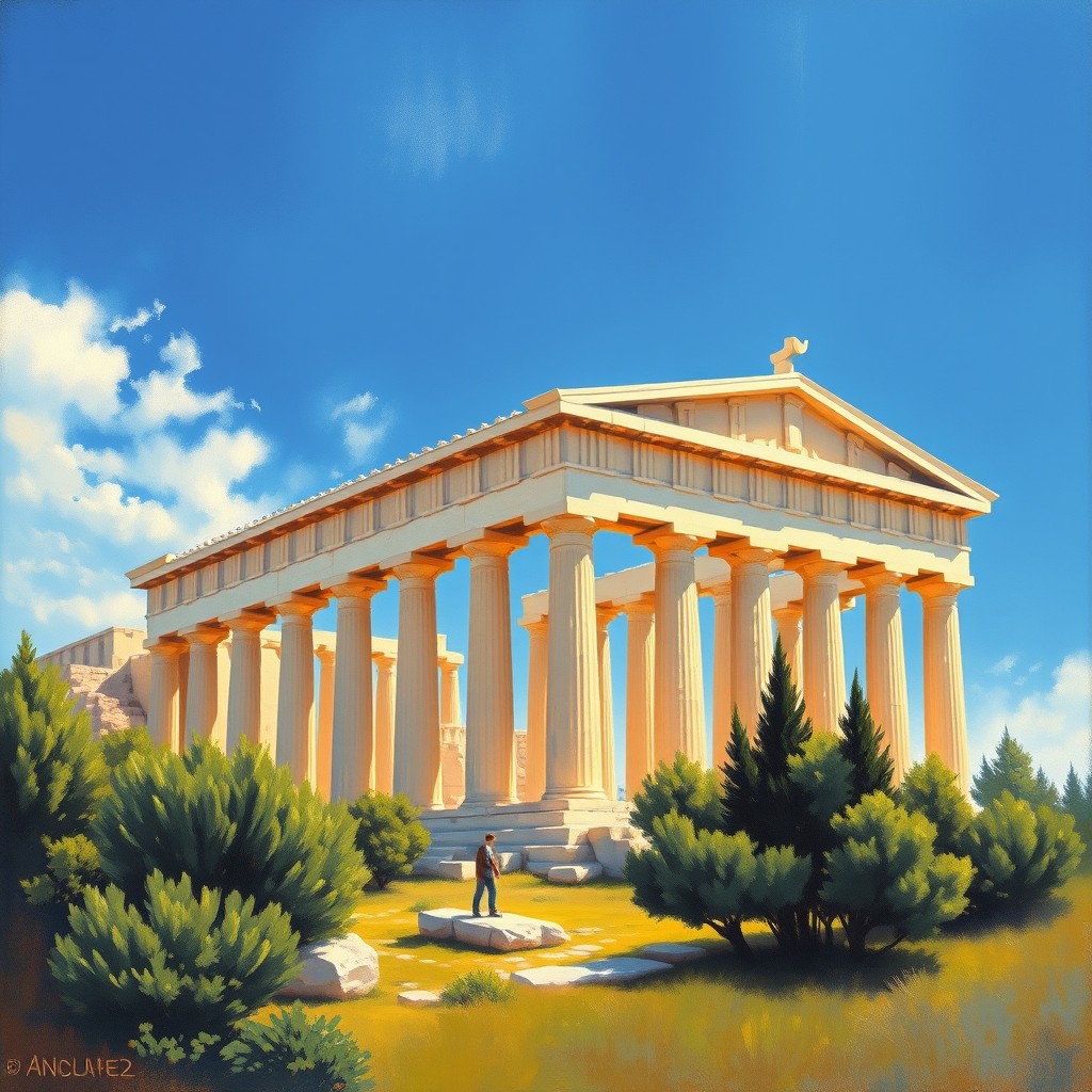 A vivid painting of the Parthenon, showcasing its iconic marble columns and majestic structure against a bright blue sky
