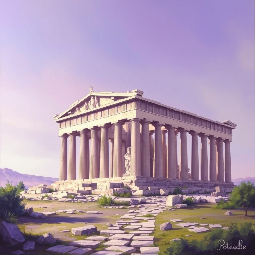 A beautiful painting of the Parthenon, depicted with shades of purple to create a dreamlike atmosphere
