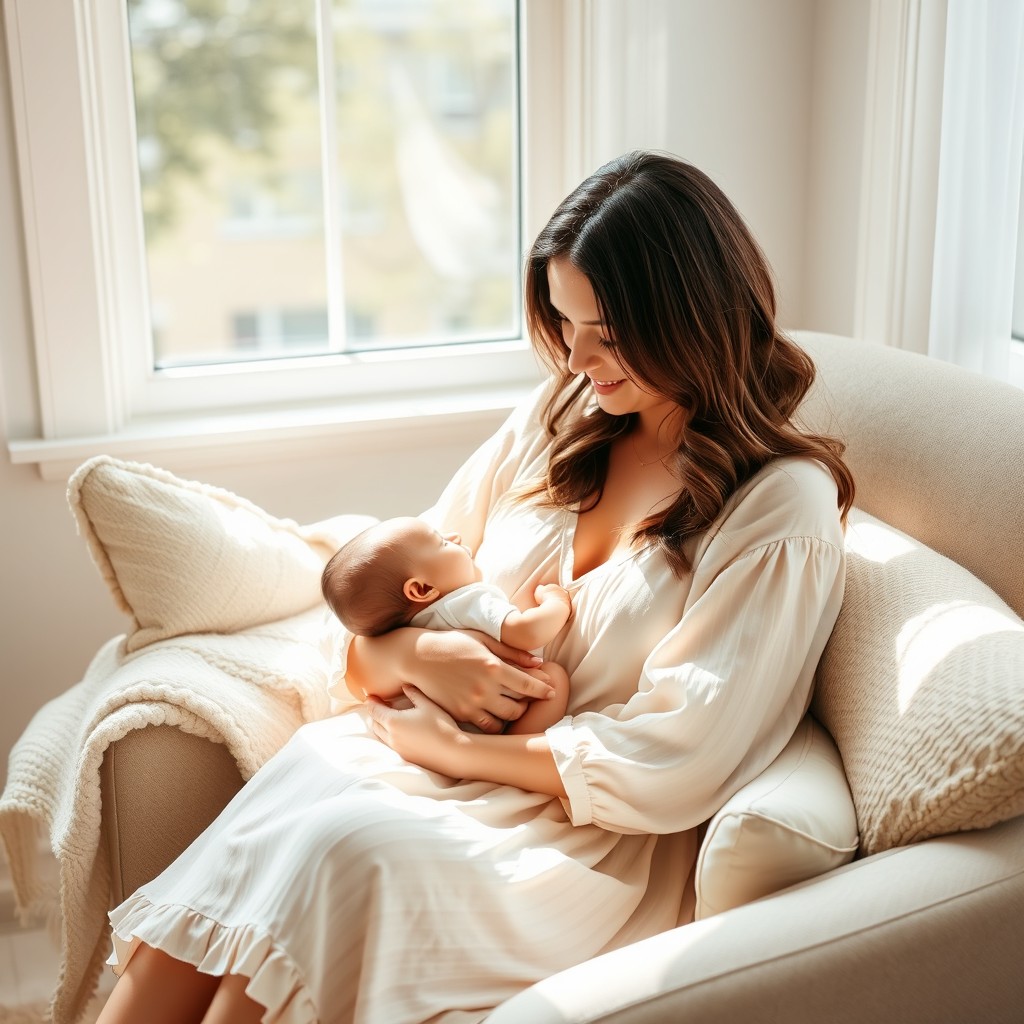 A peaceful and intimate scene of a woman lovingly breastfeeding her baby in a bright and cozy room