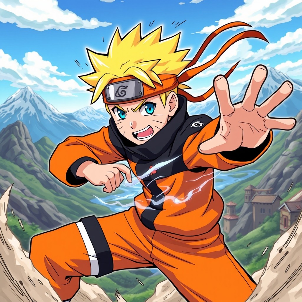 A vibrant and dynamic illustration of Naruto Uzumaki, the iconic ninja from the anime series
