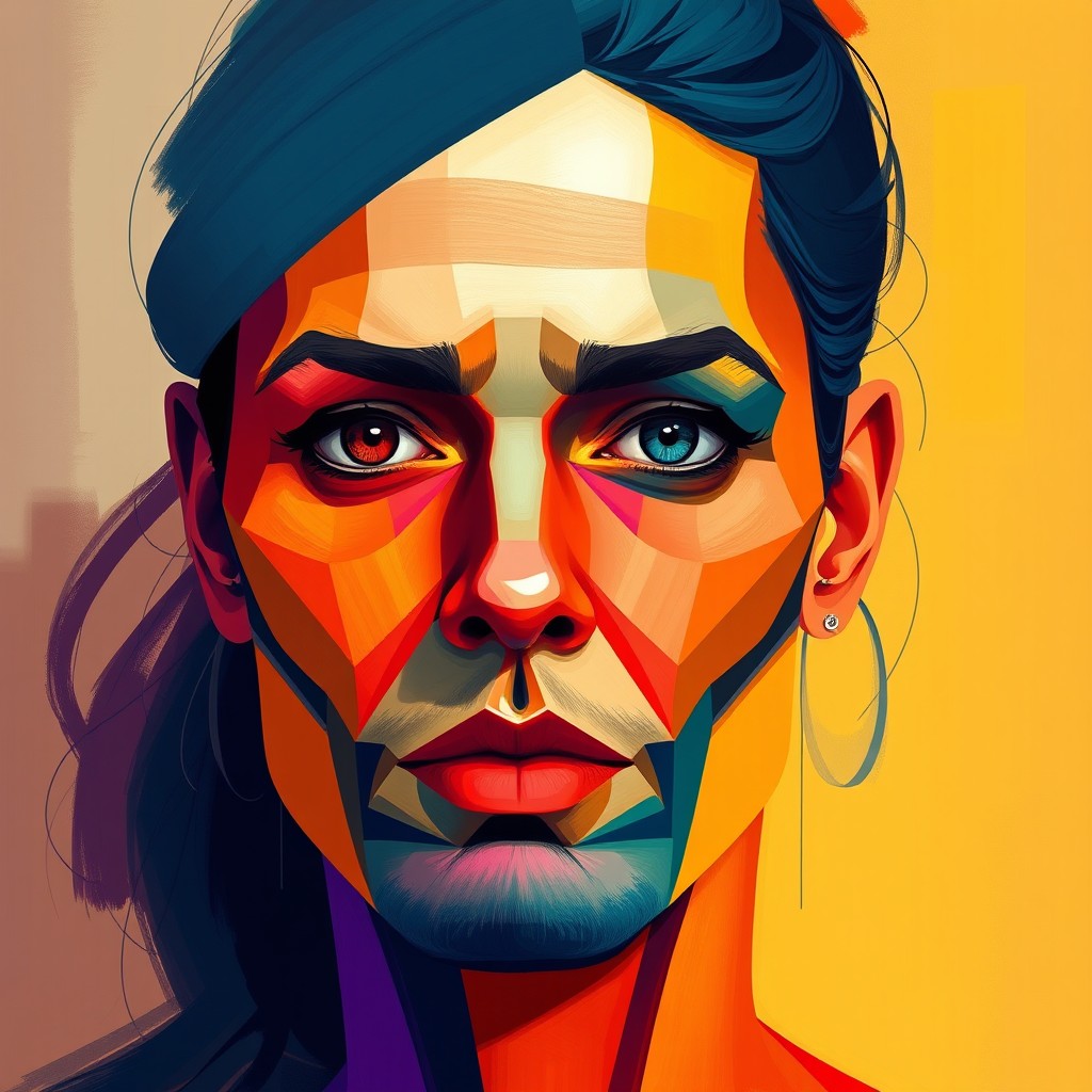 An abstract portrait featuring vibrant colors and geometric shapes, merging human features with intricate patterns