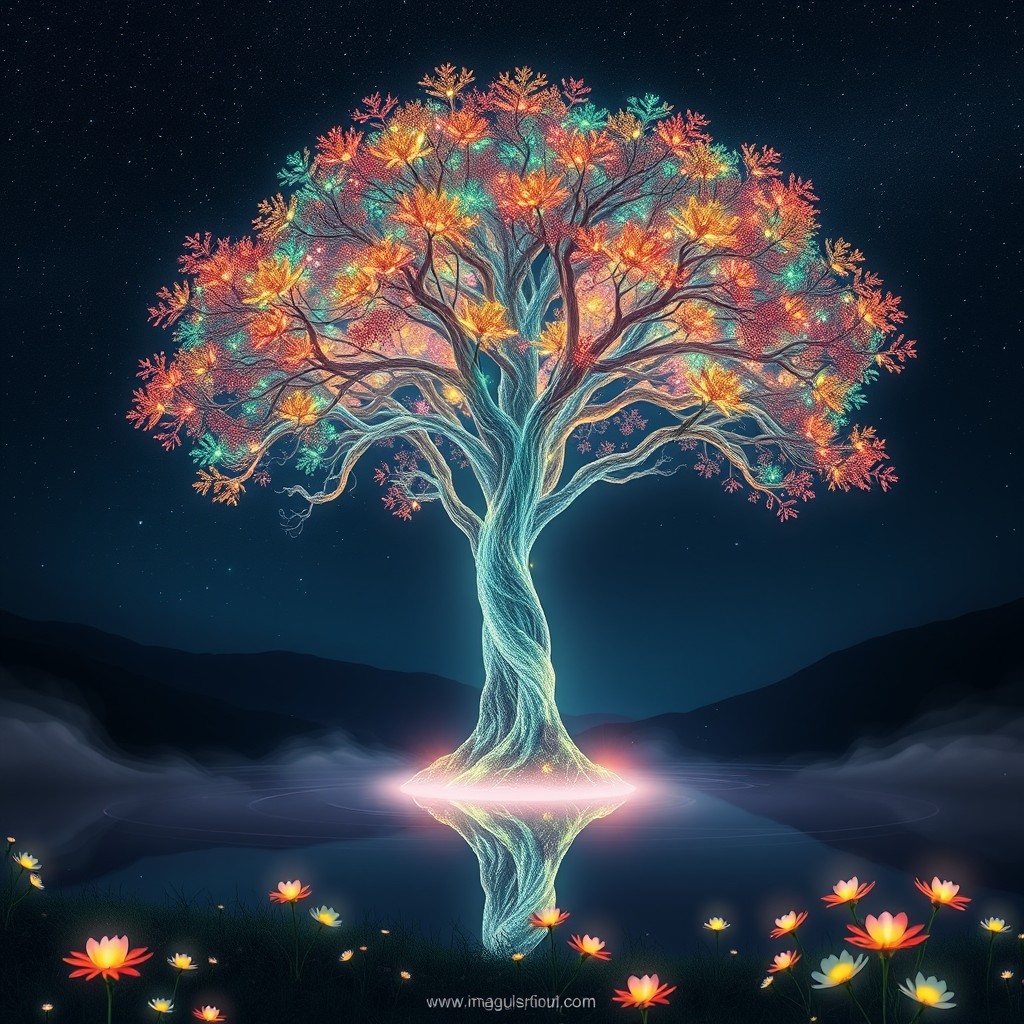 A magnificent luminous tree standing tall in a mystical landscape, with vibrant, glowing leaves that emit a soft, ethereal light