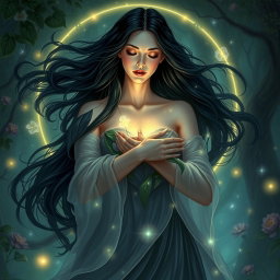 A serene depiction of Lilith embracing her surroundings with a protective and nurturing aura