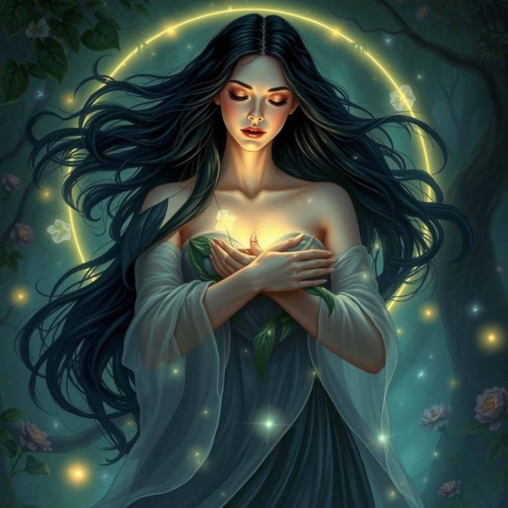 A serene depiction of Lilith embracing her surroundings with a protective and nurturing aura