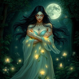 A serene depiction of Lilith embracing her surroundings with a protective and nurturing aura