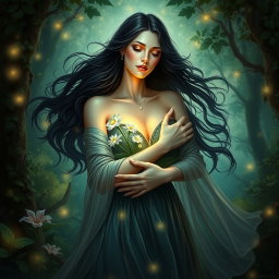 A serene depiction of Lilith embracing her surroundings with a protective and nurturing aura