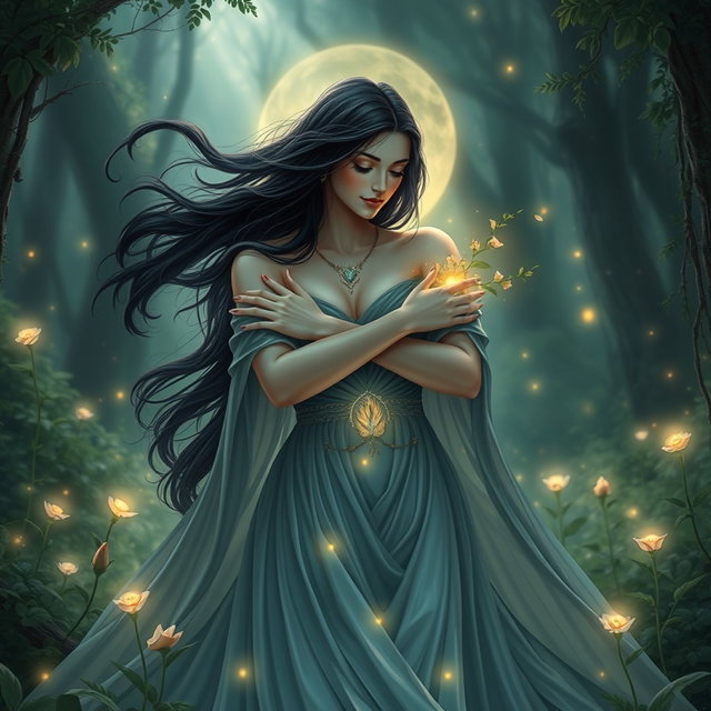 A serene depiction of Lilith embracing her surroundings with a protective and nurturing aura
