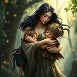 A heartwarming depiction of Lilith embracing her children in a nurturing manner, set in a lush, enchanted forest