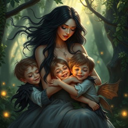 A heartwarming depiction of Lilith embracing her children in a nurturing manner, set in a lush, enchanted forest