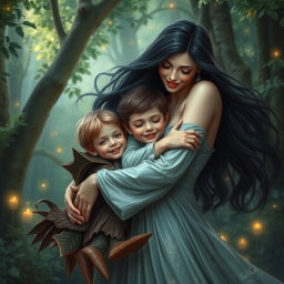 A heartwarming depiction of Lilith embracing her children in a nurturing manner, set in a lush, enchanted forest
