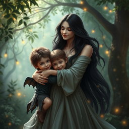 A heartwarming depiction of Lilith embracing her children in a nurturing manner, set in a lush, enchanted forest