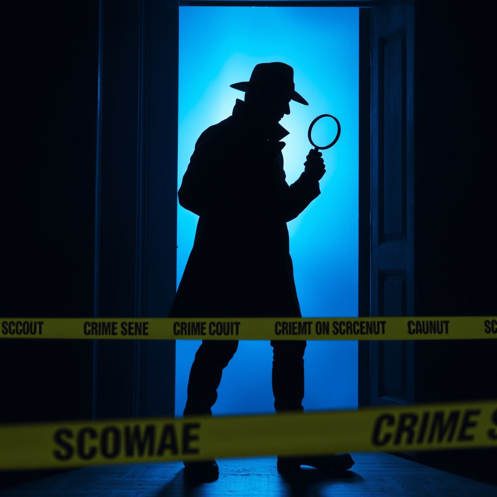 A silhouette of a detective agent standing in the doorway of a crime scene, holding a magnifying glass in one hand and wearing gloves