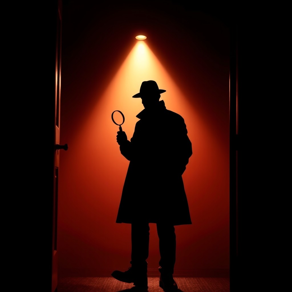 A realistic silhouette of a detective agent standing in the doorway of a crime scene, holding a magnifying glass in one hand and wearing gloves