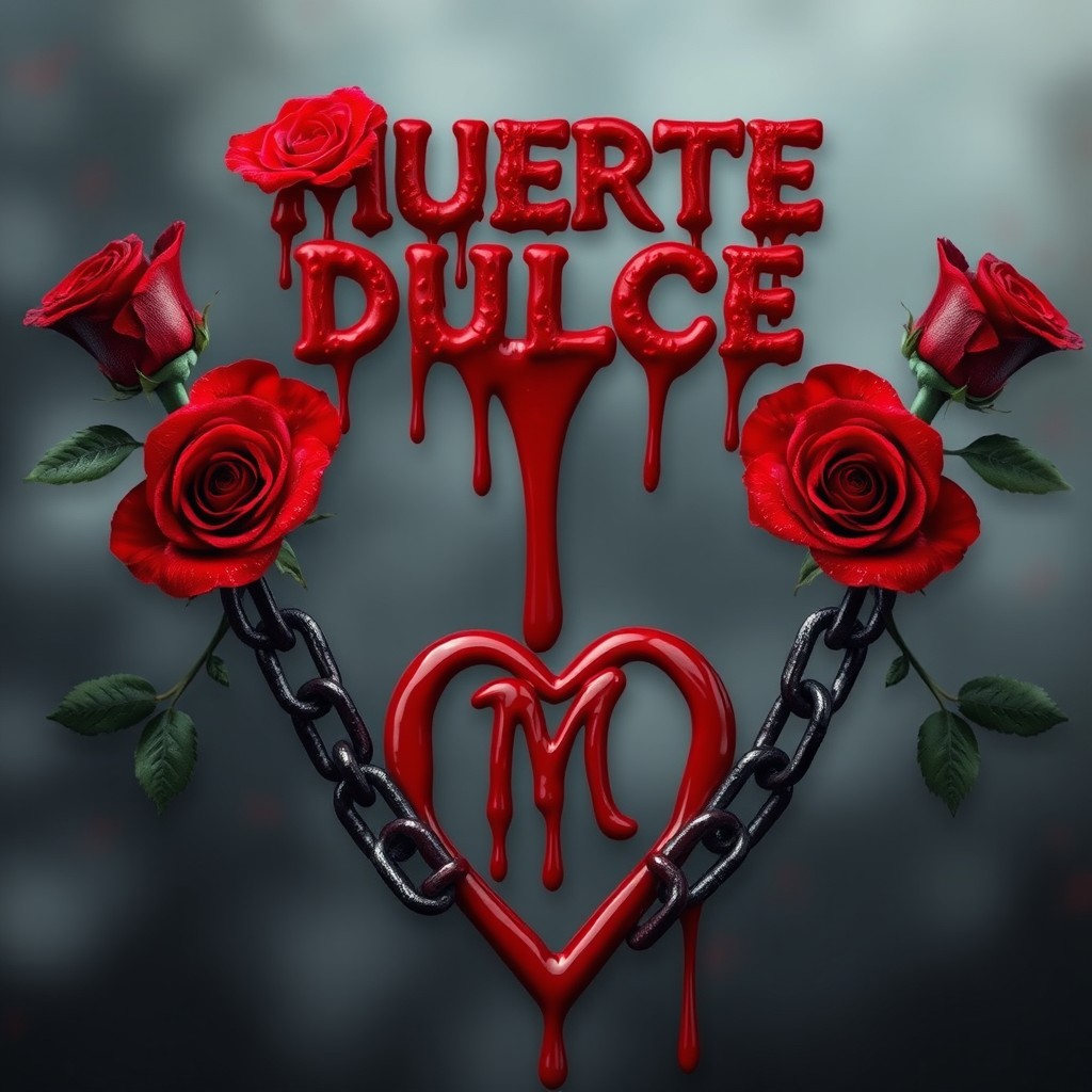 An artistic representation symbolizing death, featuring roses on the sides dripping blood