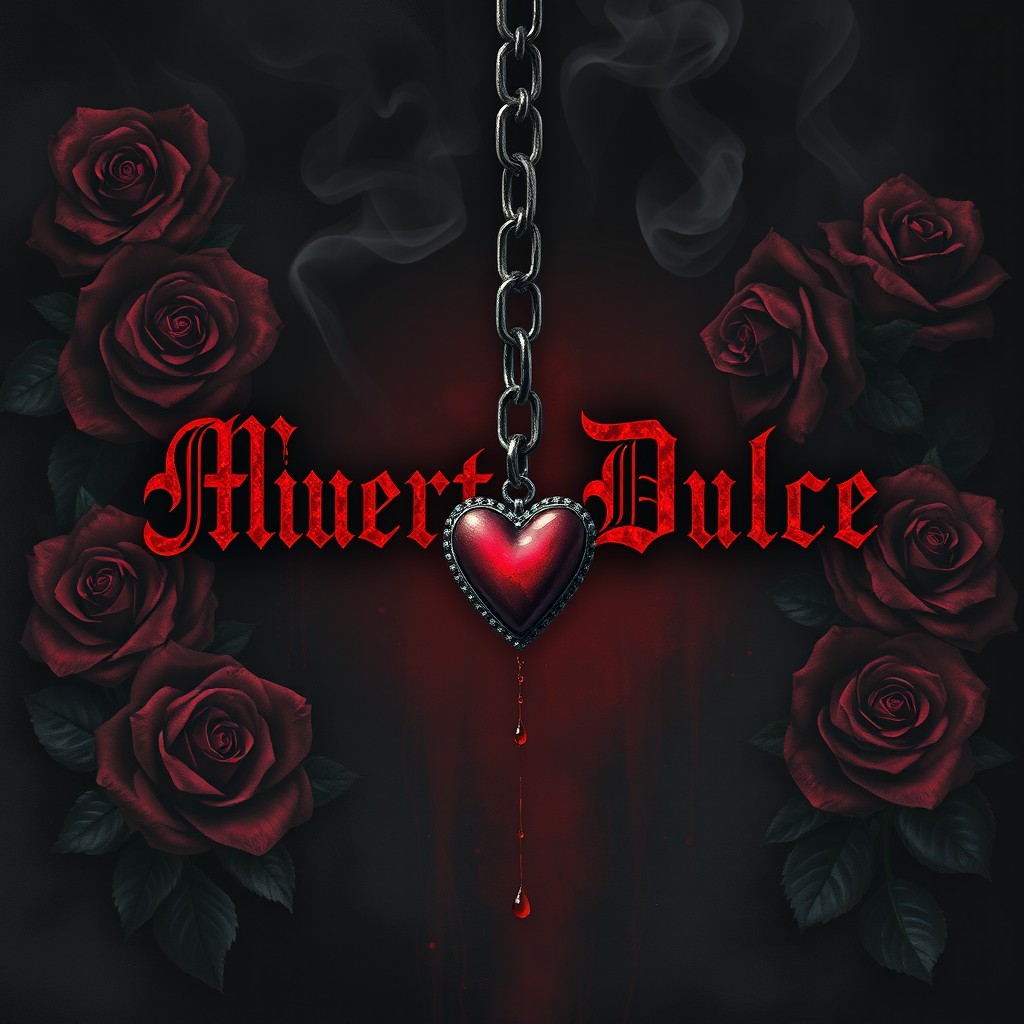 A haunting cover illustration that conveys themes of death and darkness, featuring dark roses surrounding the composition, their petals dripping with blood