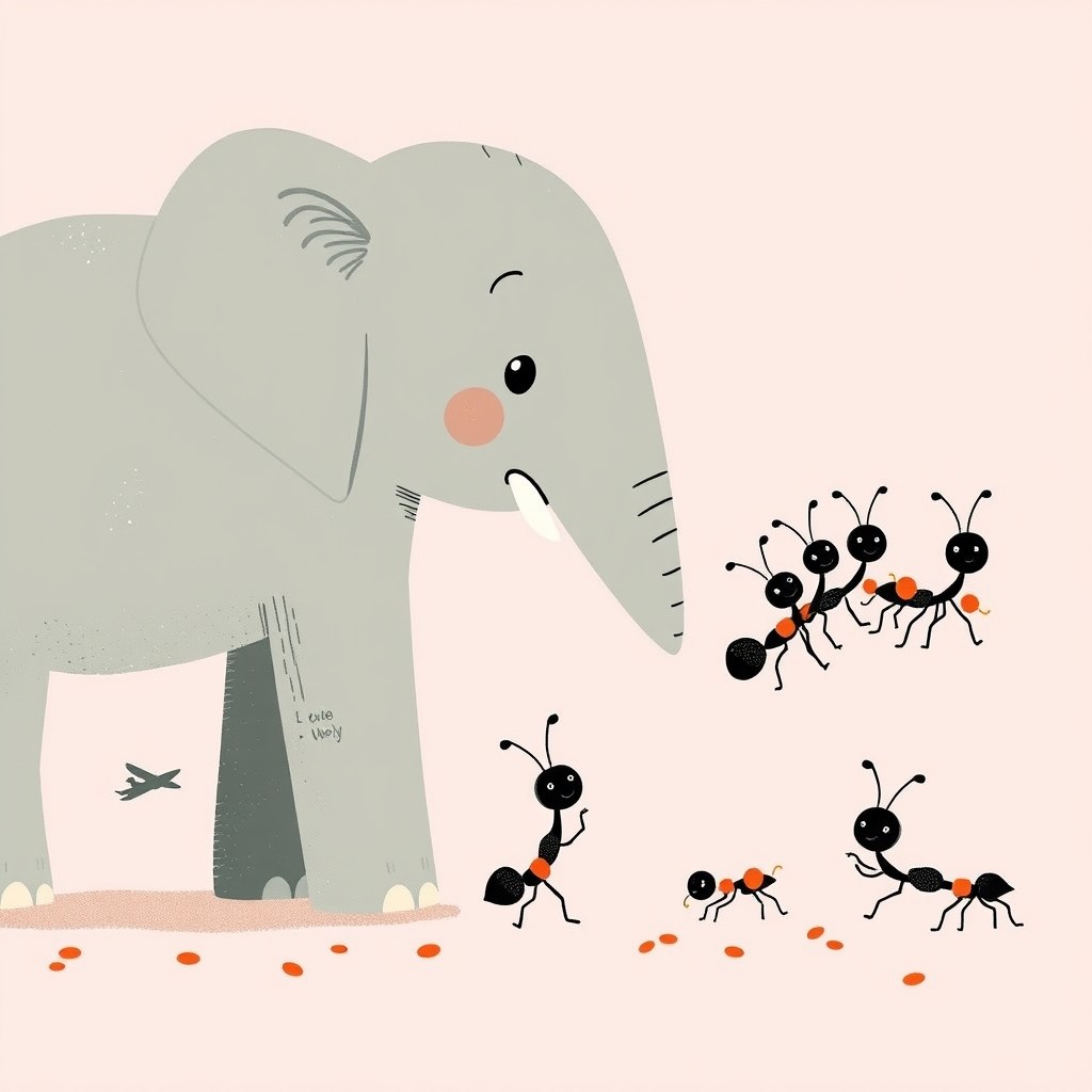 A cute elephant standing on the left side of the image, while several adorable ants are on the right side, carrying food scraps