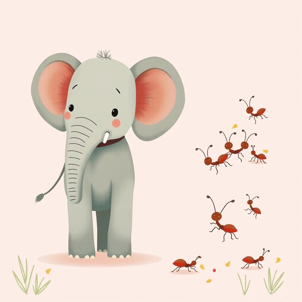 A cute elephant standing on the left side of the image, with several adorable ants on the right side busily carrying food scraps