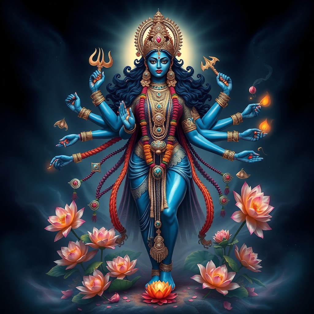 A powerful depiction of Goddess Kali, the Hindu goddess of destruction and transformation