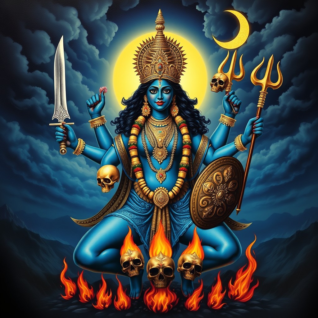 A striking depiction of Goddess Kali, the Hindu goddess of time, change, and empowerment