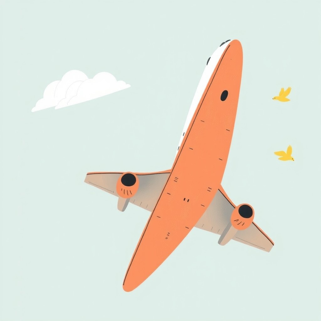 A large airplane flying in the sky on the left side of the image, with a cute little bird flying in the air on the right side