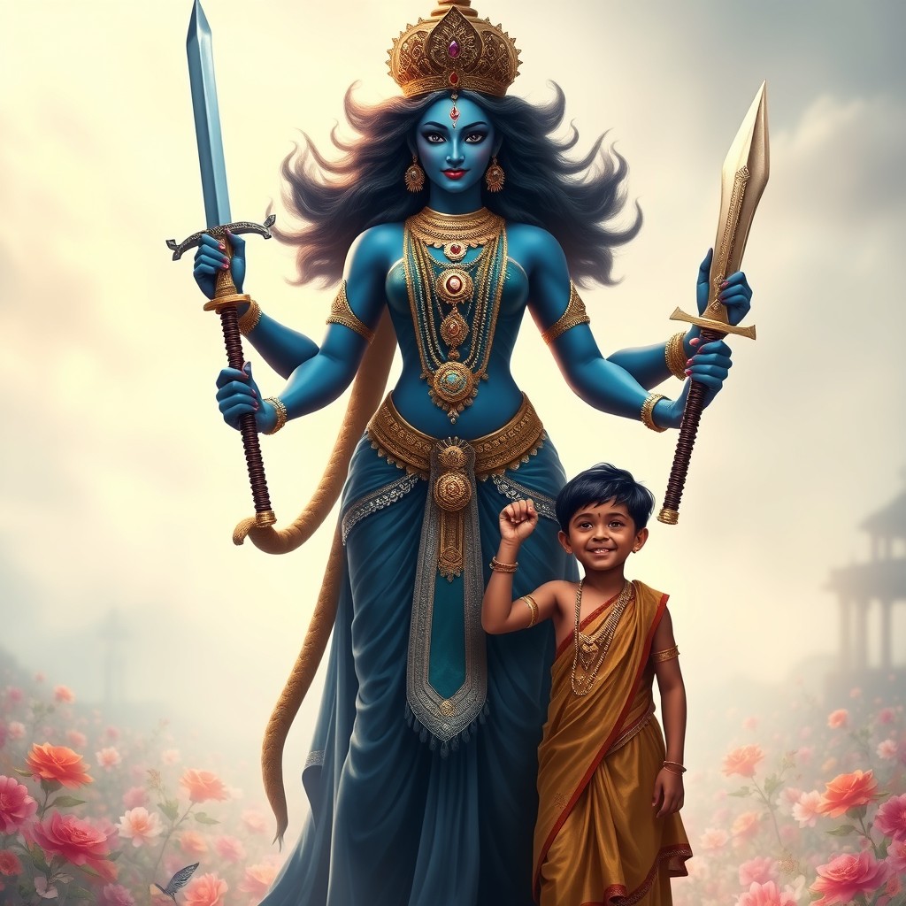 A serene depiction of Goddess Kali in a protective pose with a young boy
