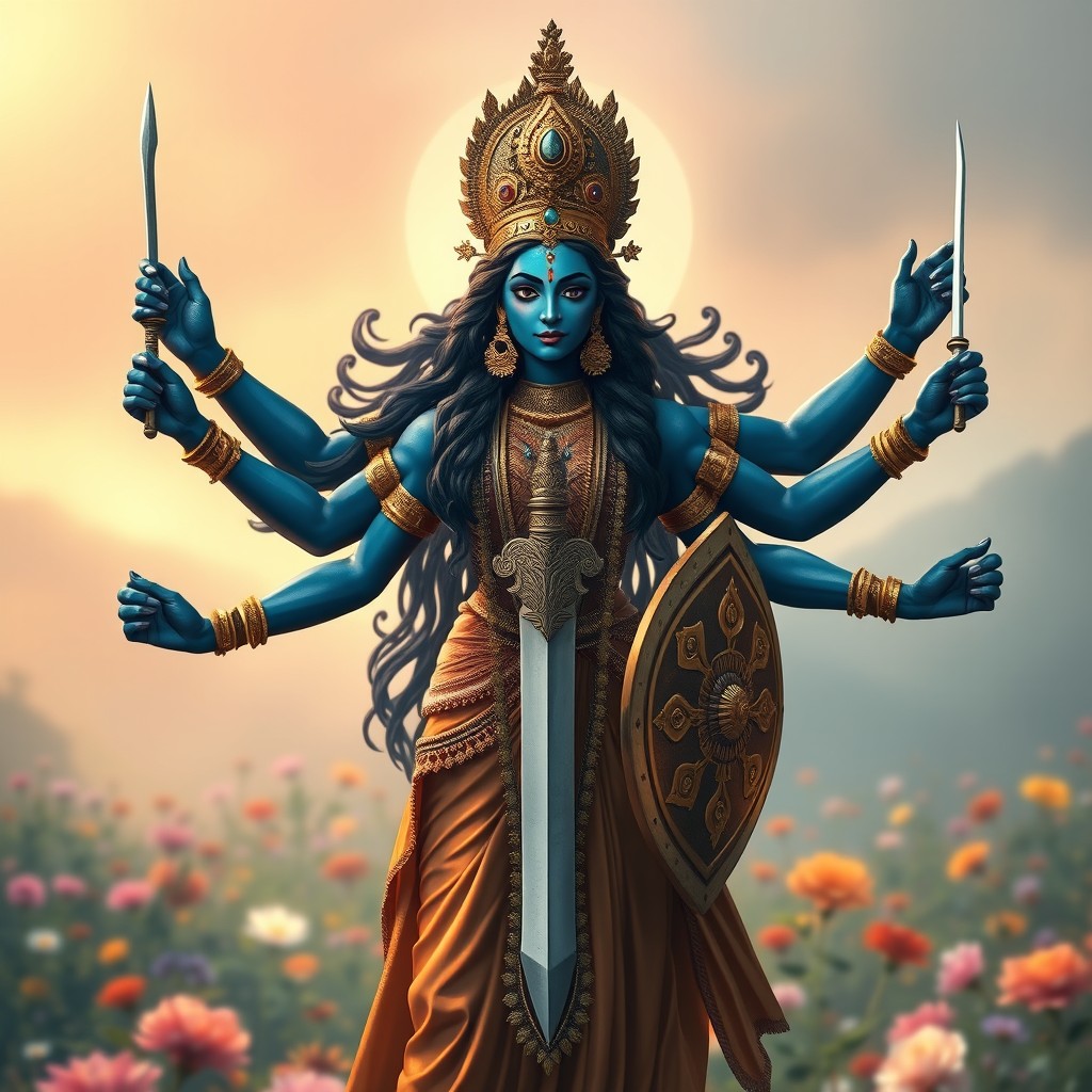 A serene depiction of Goddess Kali in a protective pose, similar to the first image