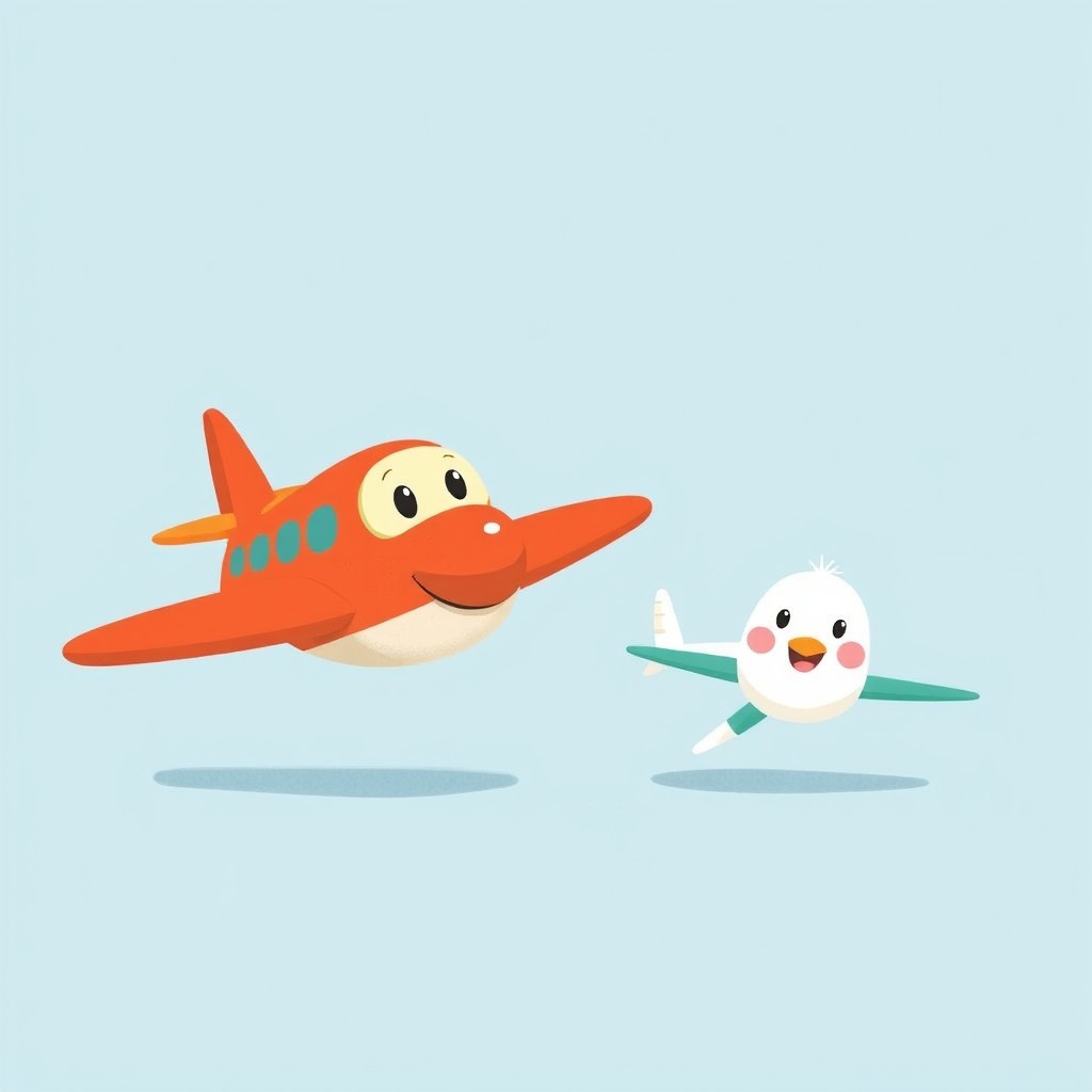 A cute airplane positioned on the left side of the image, with another adorable airplane on the right side