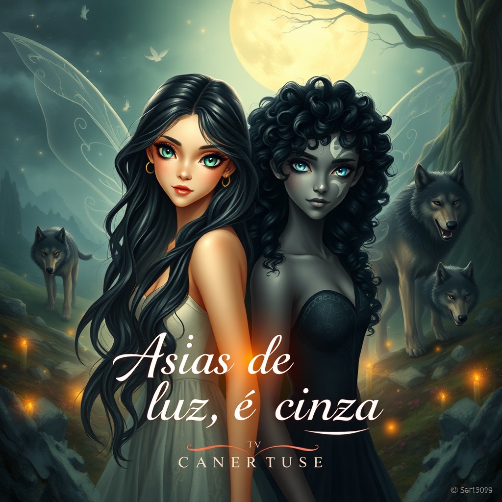 Two twin fairy sisters, one of light and the other of darkness, standing in a mystical fairy realm filled with enchanting landscapes and lurking werewolves in the background