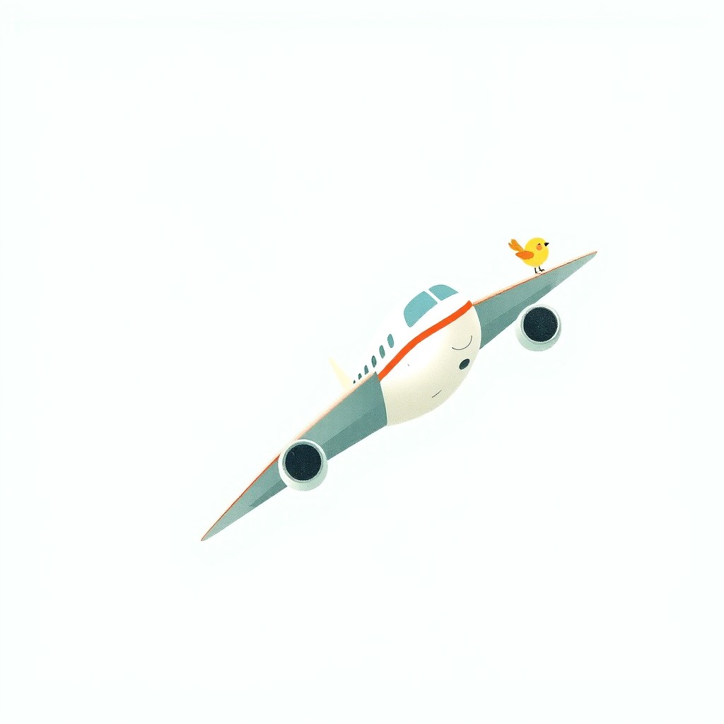 A large airplane positioned on the left side of the image, with a cute little bird on the right side