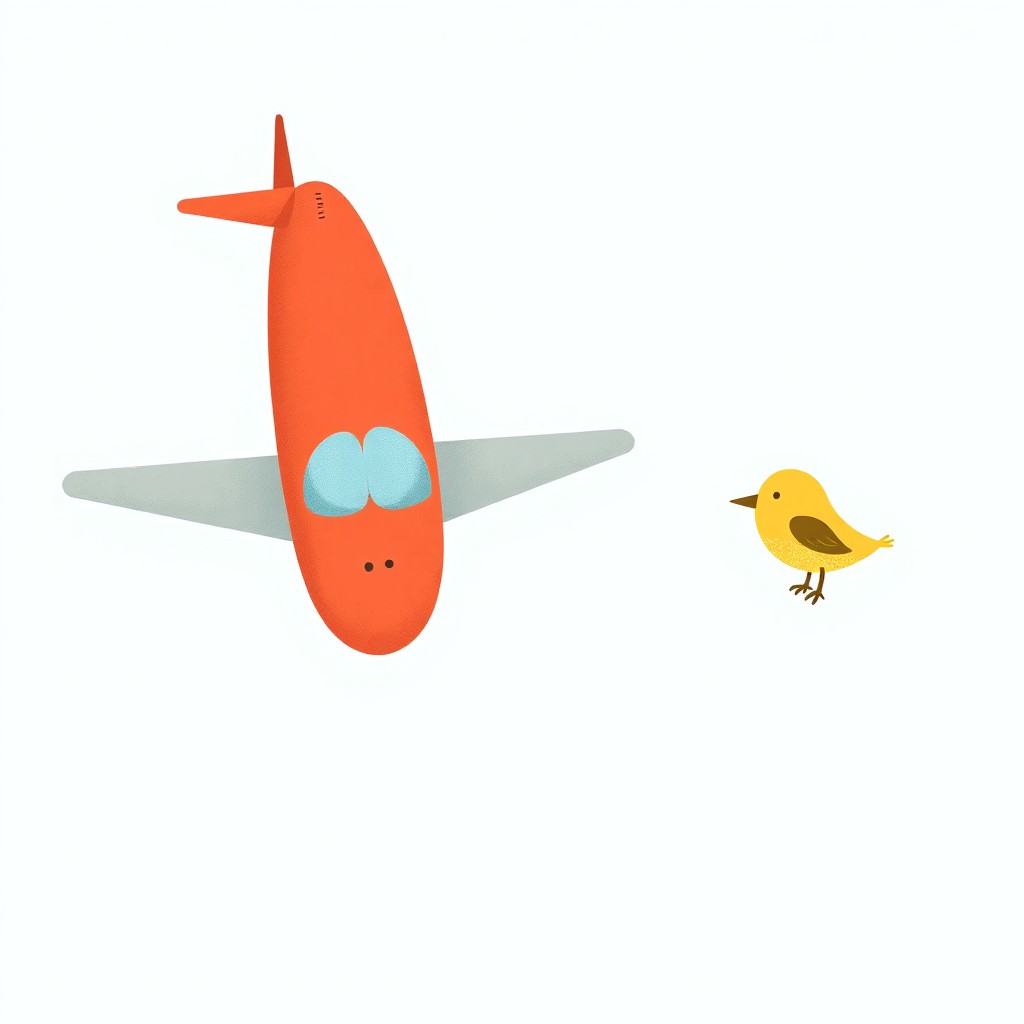 A large airplane positioned on the left side of the image, with a cute little bird on the right side