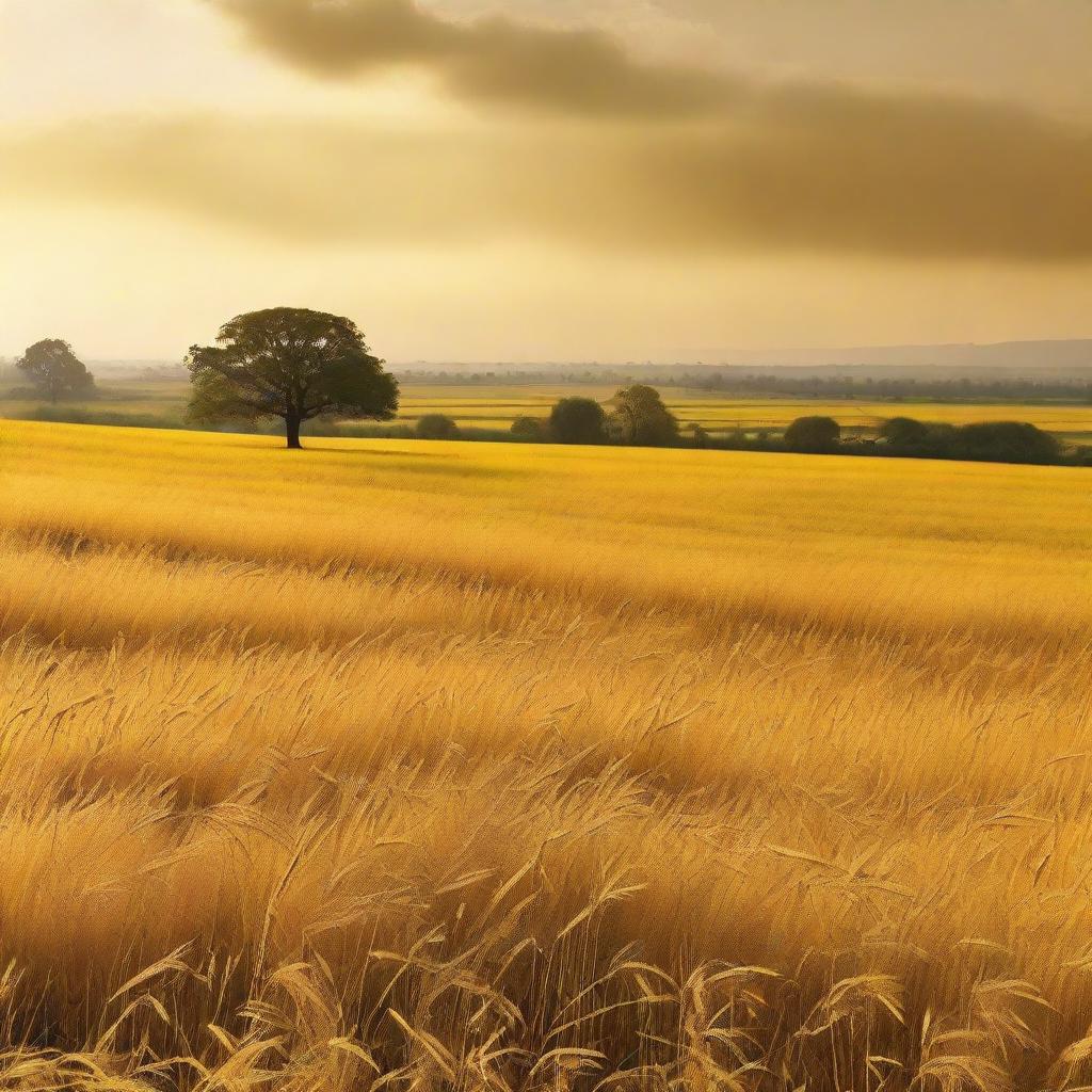 A view of a vast field, bathed in a rich, golden yellow hue, encapsulating the heartwarming aura of the countryside.