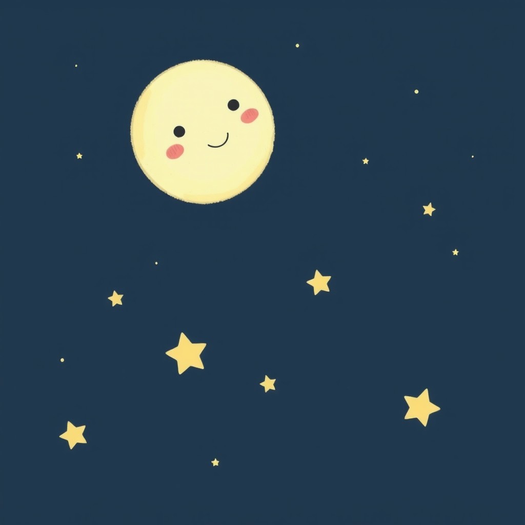 A whimsical night sky scene featuring a large, adorable moon with a cheerful expression, surrounded by several small, cute stars that twinkle brightly