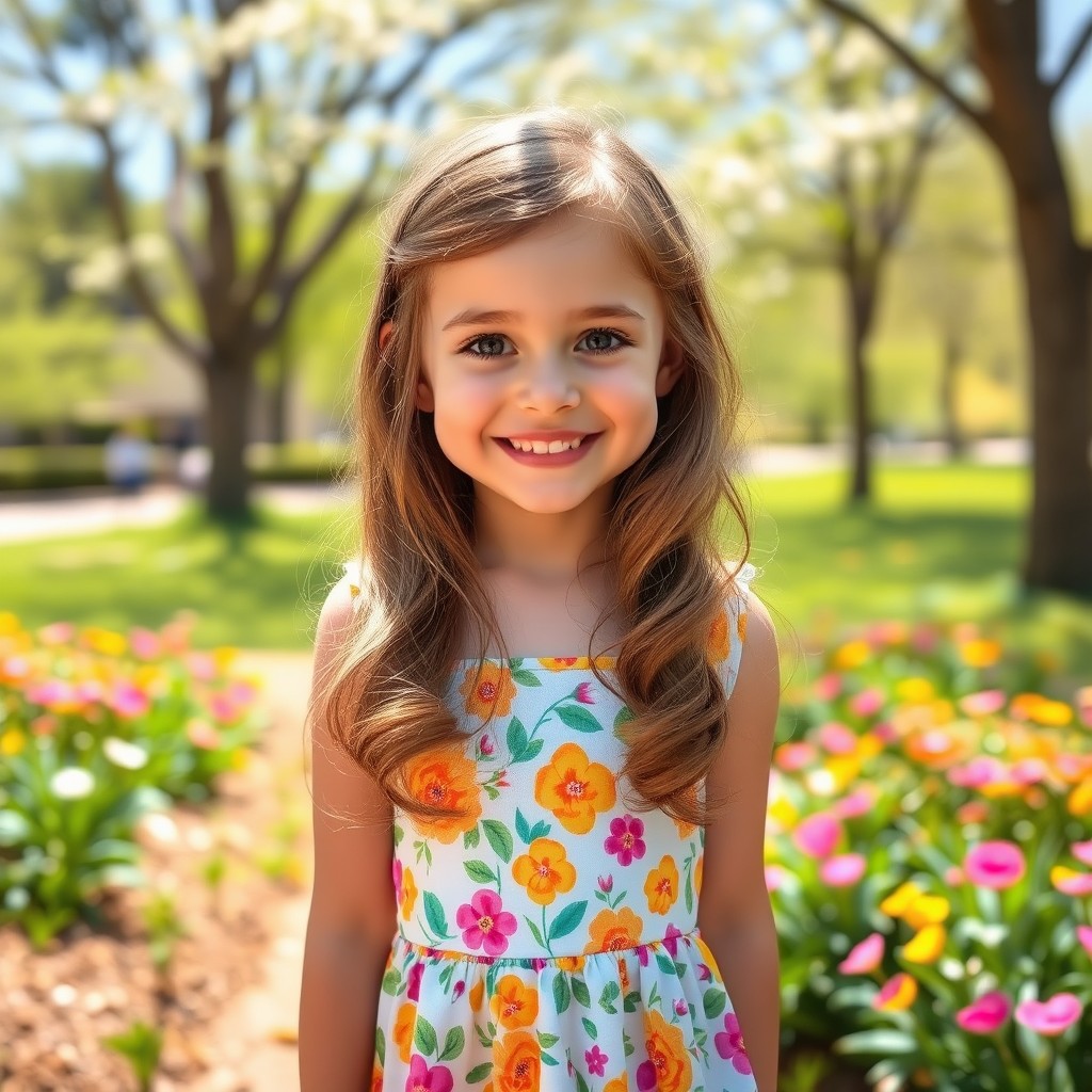 A cute girl smiling warmly, with bright, sparkling eyes and long, wavy brown hair cascading down her shoulders