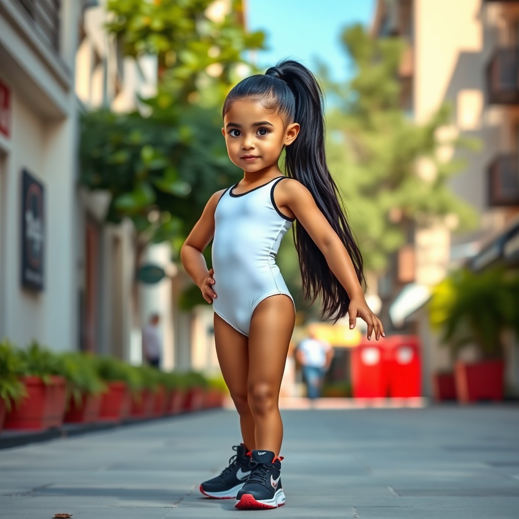 A real-life girl named Stella with a black ponytail hairstyle, wearing a fitted white leotard