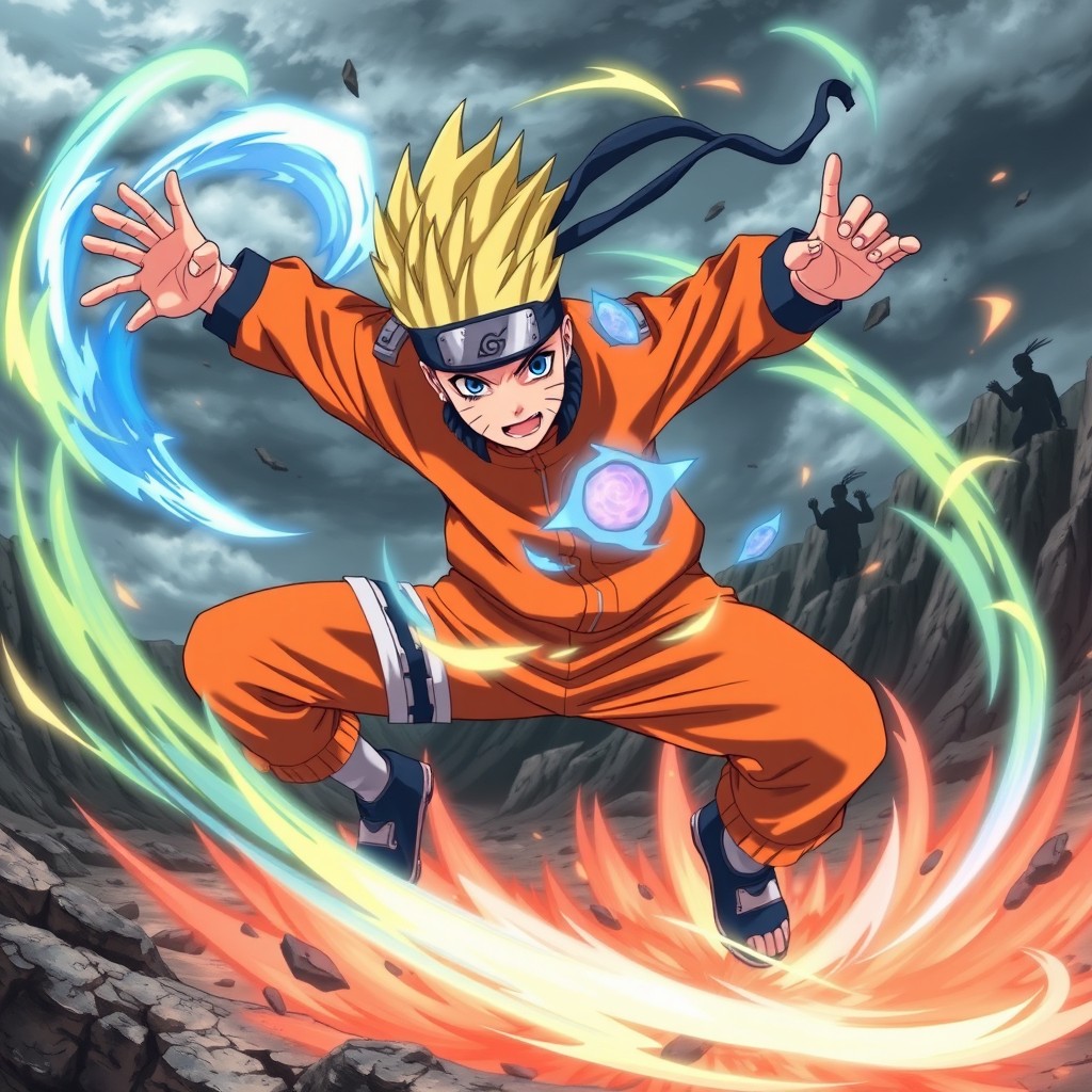 A dynamic scene featuring Naruto Uzumaki in an explosive attack pose, showcasing his signature jutsu