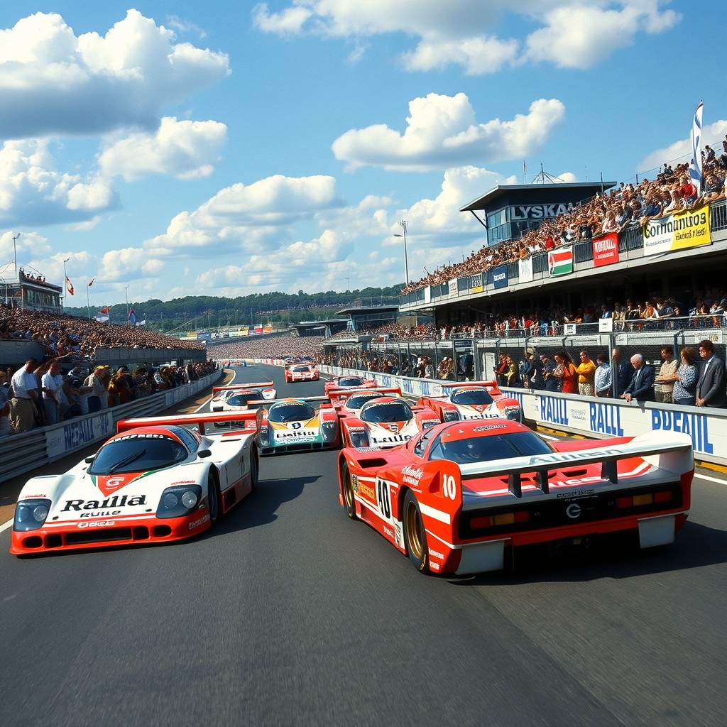A vibrant scene showcasing a classic 1990s Le Mans race, featuring iconic endurance race cars of that era such as the Audi R8, Porsche 962, and Nissan R90CK racing on the track