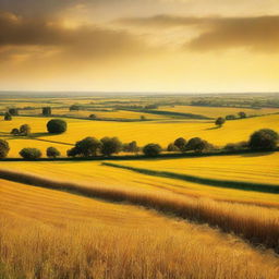 A view of a vast field, bathed in a rich, golden yellow hue, encapsulating the heartwarming aura of the countryside.