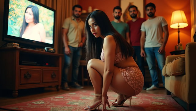 In a vibrant living room, a fair-skinned Mexican woman with long, straight black hair and a robust figure is positioned in a striking pose