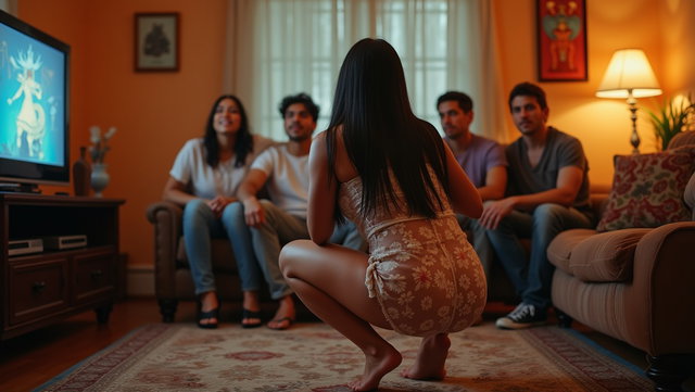 In a vibrant living room, a fair-skinned Mexican woman with long, straight black hair and a thick figure is depicted in a provocative position