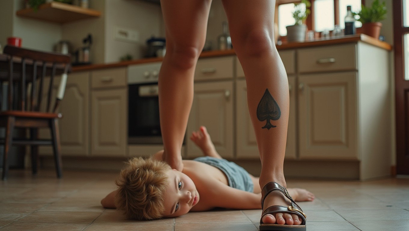 In a lively kitchen setting, a light brown-skinned Mexican woman with a medium thick physique showcases her curves with confidence