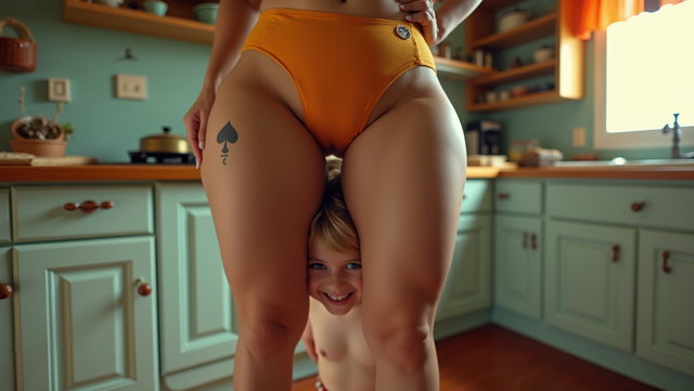 In a vibrant kitchen setting, a light brown-skinned Mexican woman with a medium voluptuous build and thick legs commands attention