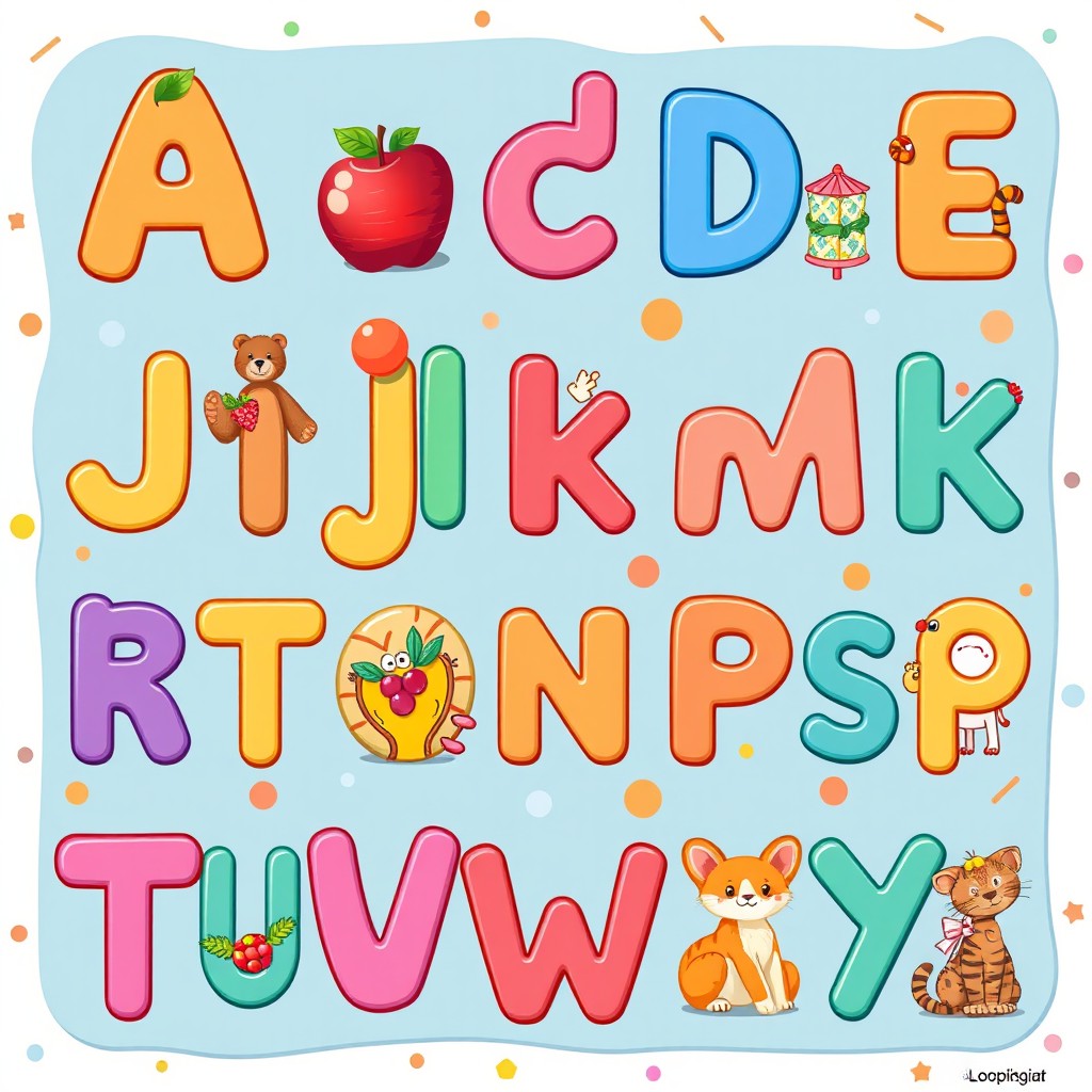 A colorful and engaging alphabet poster designed for children, featuring each letter of the alphabet from A to Z